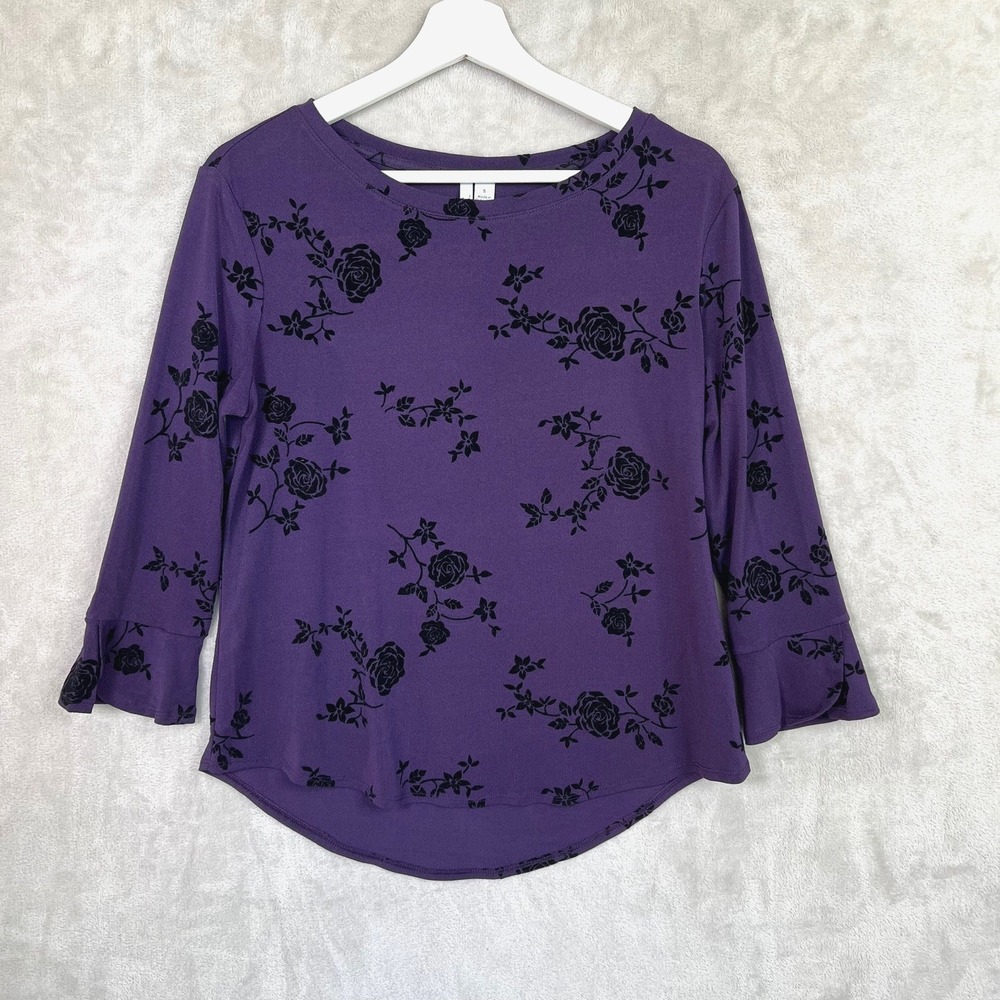 Elle Womens Sz S Velvet Floral Tunic Top‎ Stretch Purple Witchy Fairy Whimsigoth